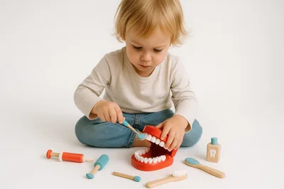 Toddler Playing With Wooden Dentist Toy Set