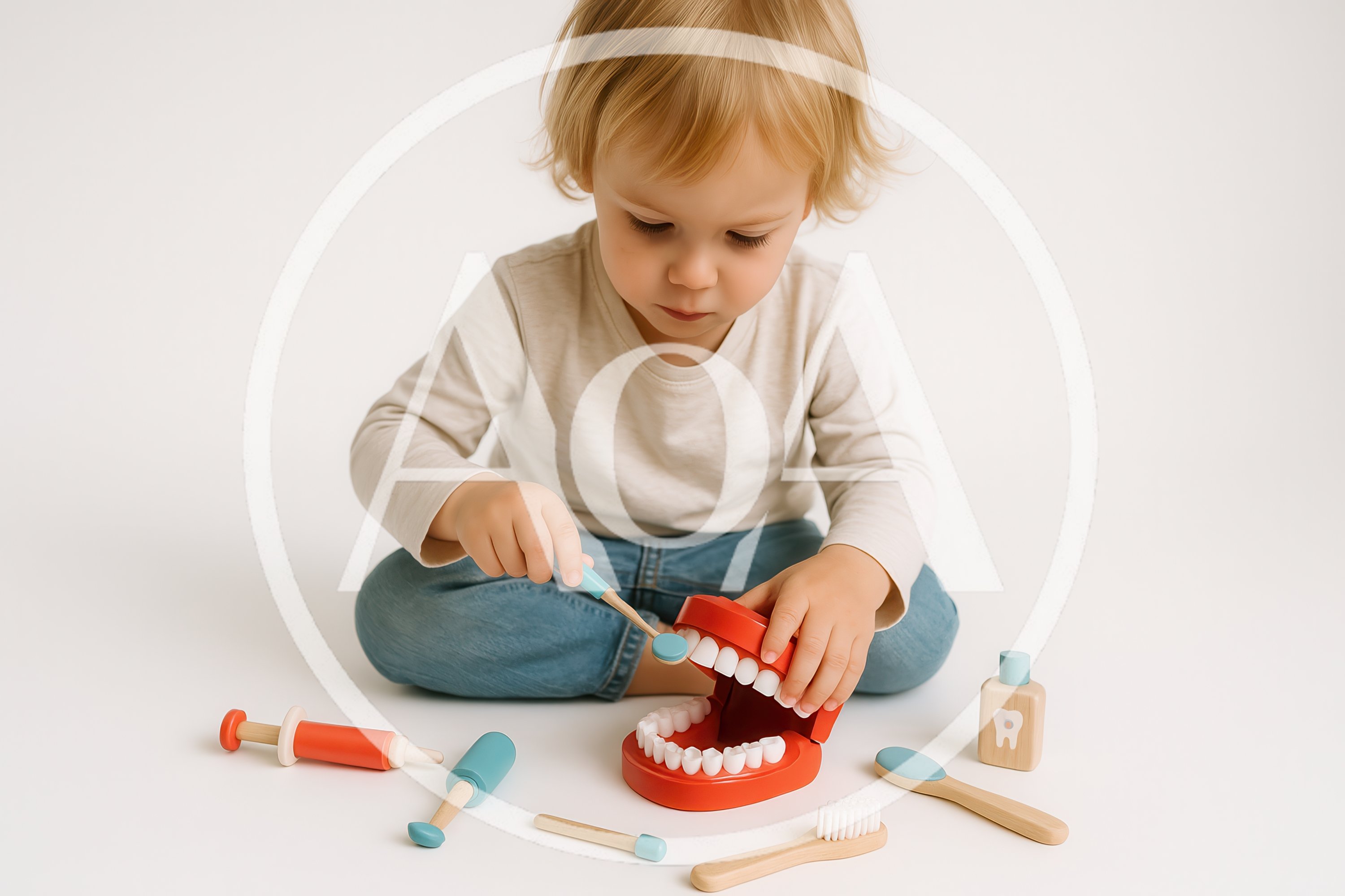 Toddler Playing With Wooden Dentist Toy Set