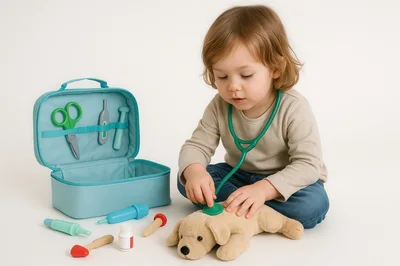 Toddler Playing Veterinarian With Stuffed Dog Toy