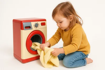 Little girl playing with toy washing machine and yellow towel