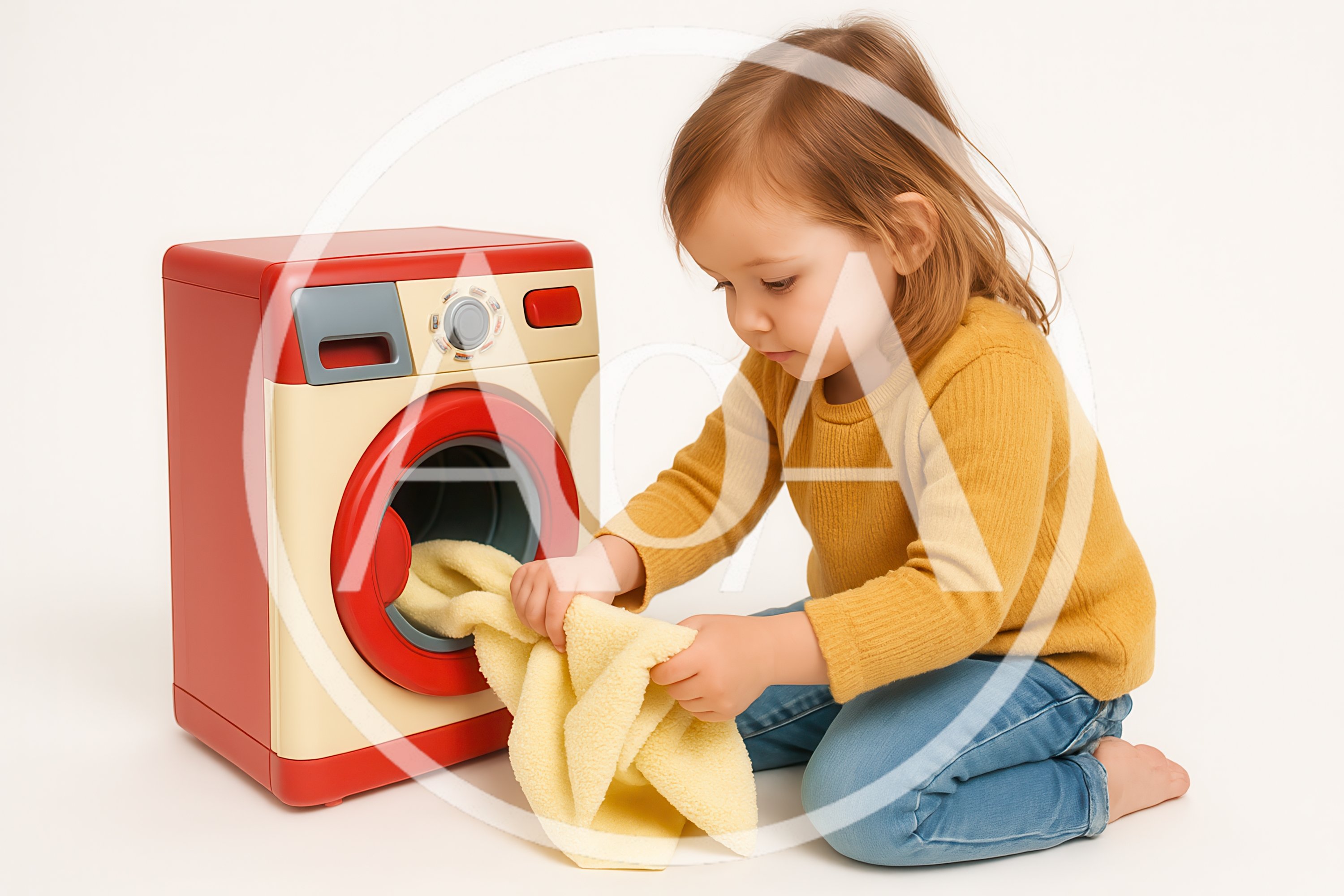 Little girl playing with toy washing machine and yellow towel
