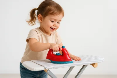 Toddler Girl Playing With Toy Iron And Board
