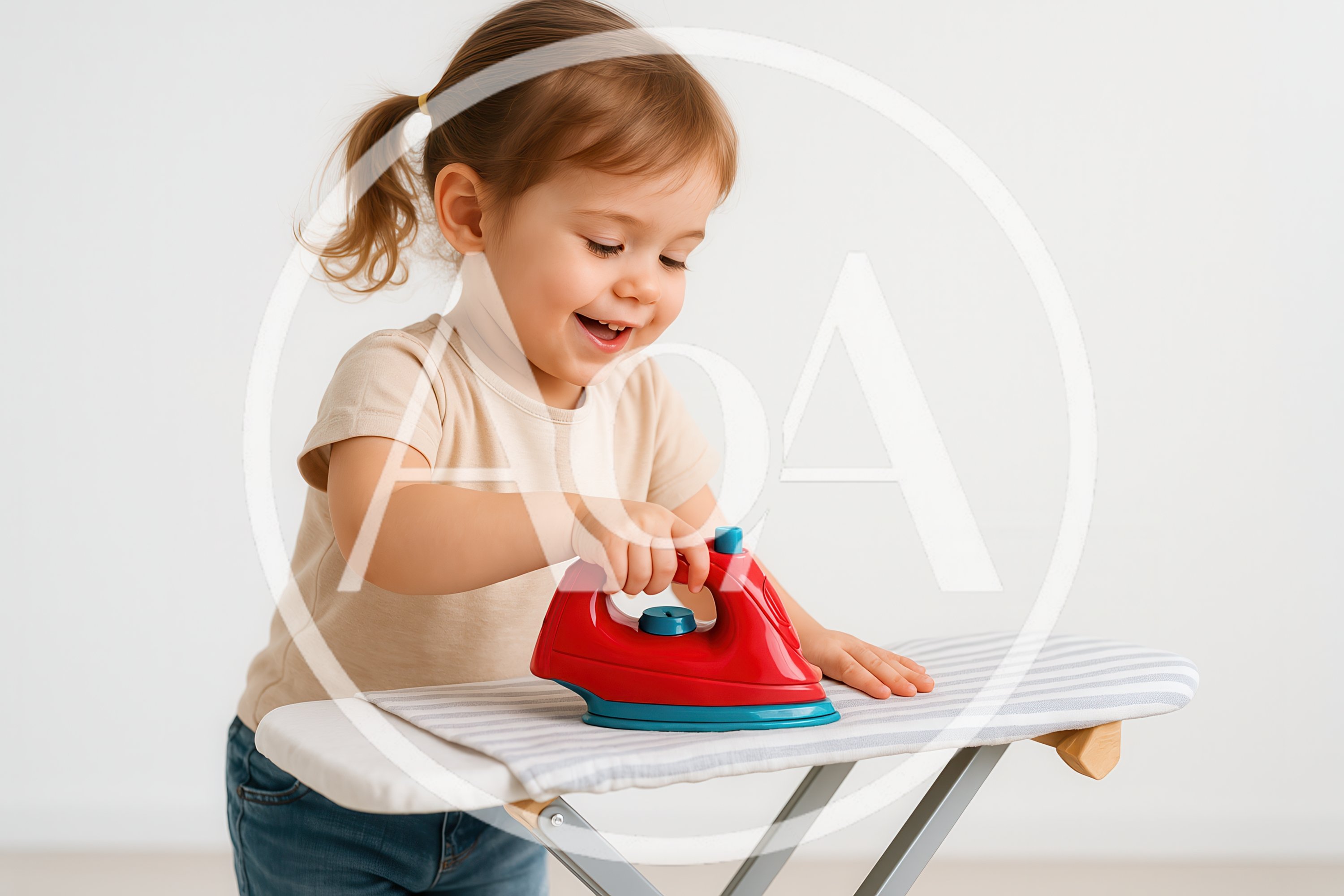 Toddler Girl Playing With Toy Iron And Board