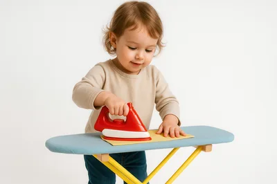 Toddler Playing With Toy Iron And Ironing Board