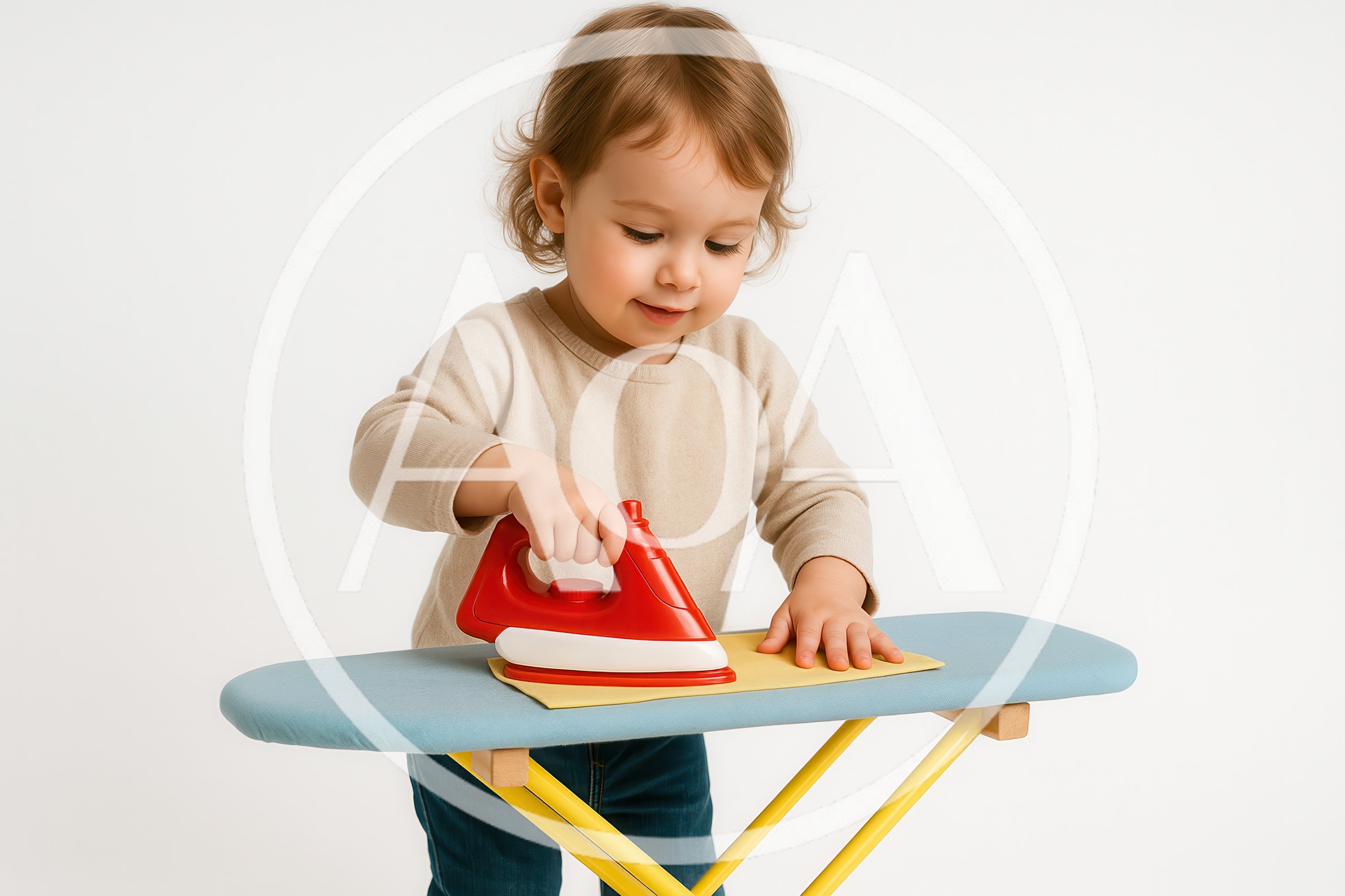 Toddler Playing With Toy Iron And Ironing Board