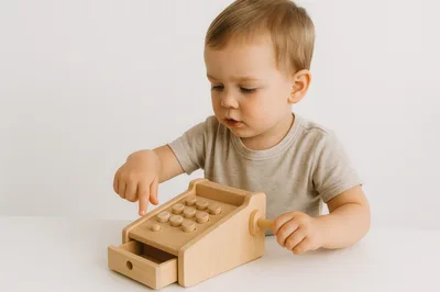 Toddler Playing With Wooden Toy Cash Register