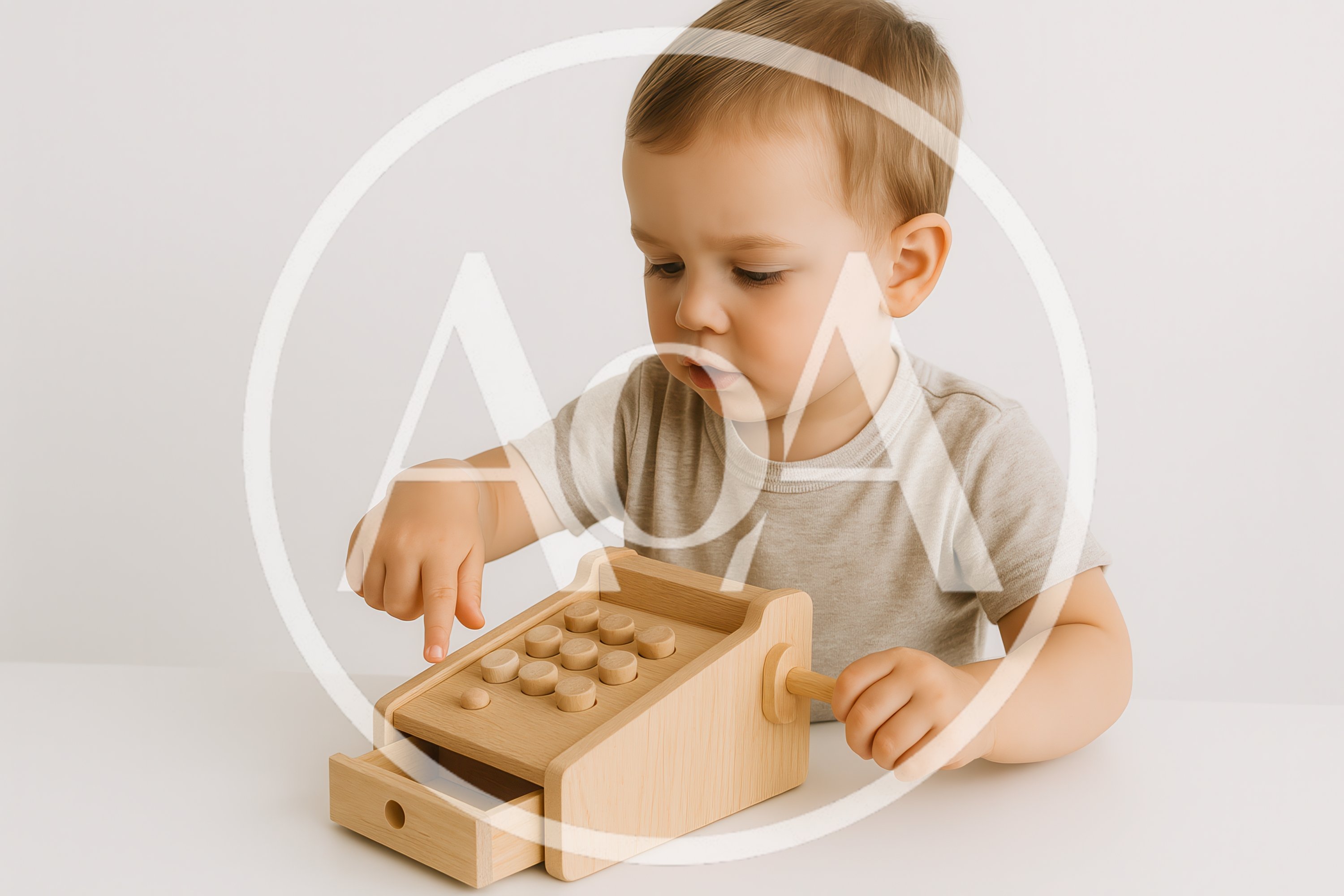 Toddler Playing With Wooden Toy Cash Register
