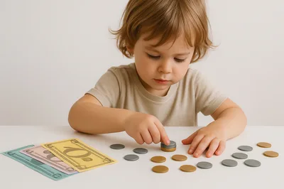 Toddler Playing With Toy Money And Plastic Coins