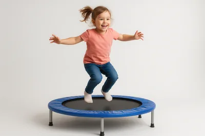 Happy Little Girl Jumping on a Mini Trampoline