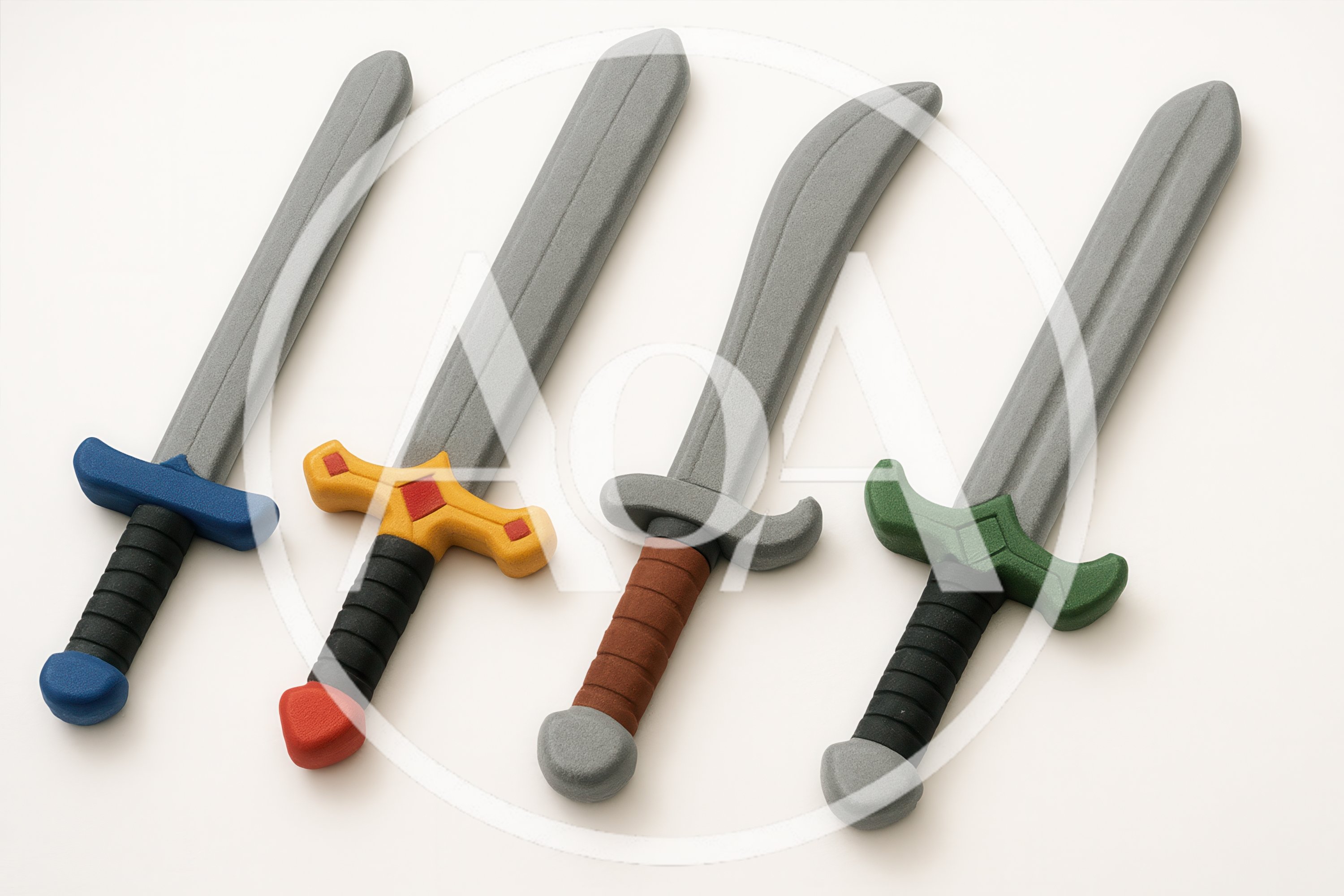 Four Toy Foam Swords Arranged On White Background