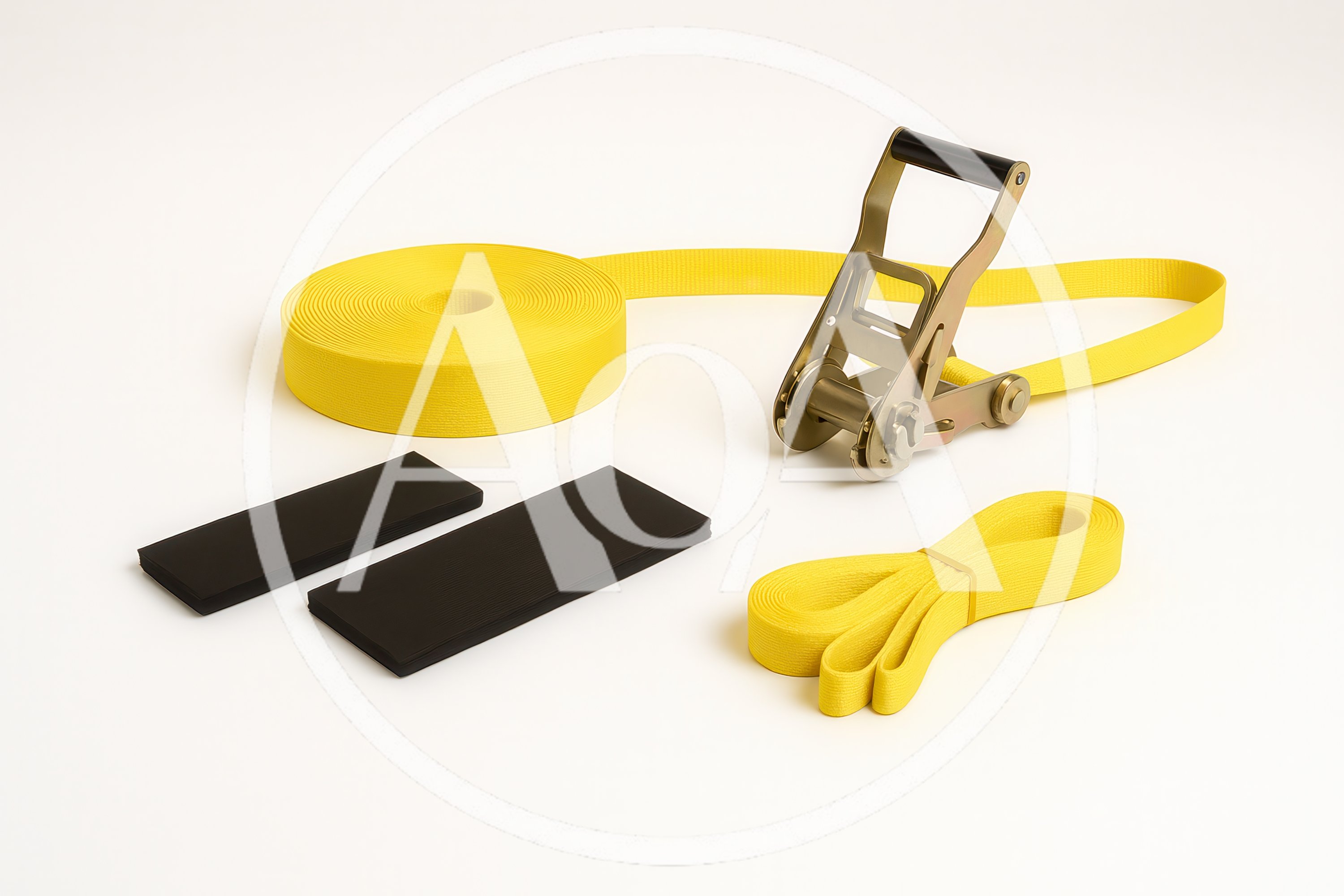 Yellow Ratchet Strap Set With Protective Pads