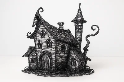 Intricate Wire Sculpture Of A Spooky Haunted House