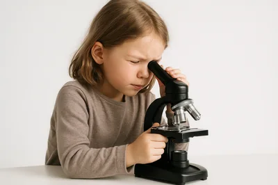 Young Girl Looking Through A Microscope In Studio