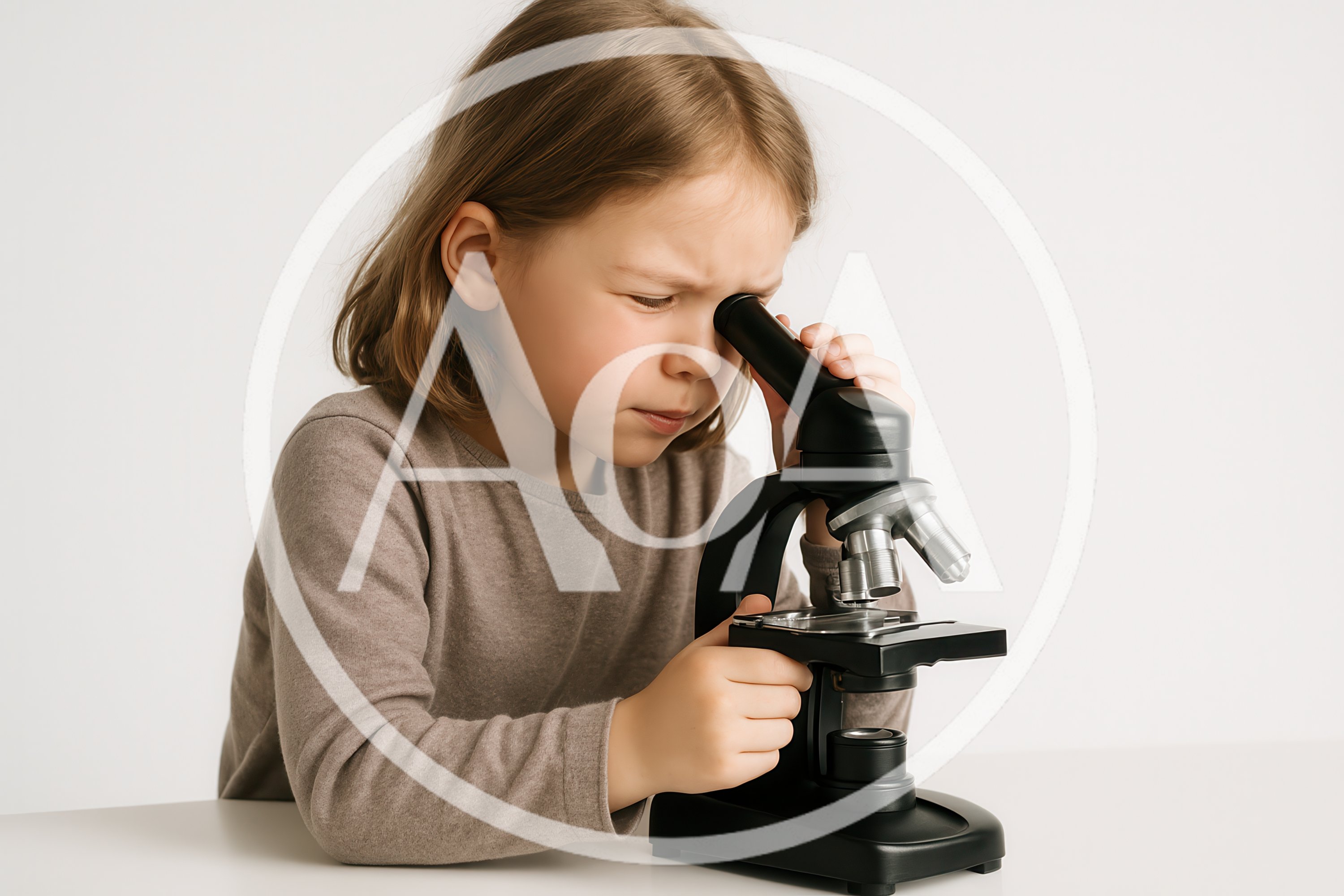 Young Girl Looking Through A Microscope In Studio