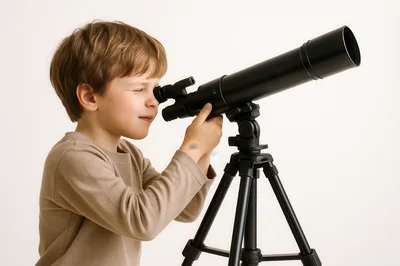 Young Boy Looking Through A Telescope