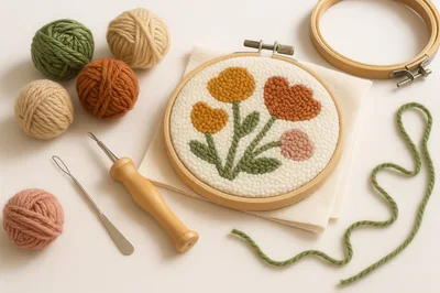 Punch Needle Embroidery Crafting Supplies And Finished Project