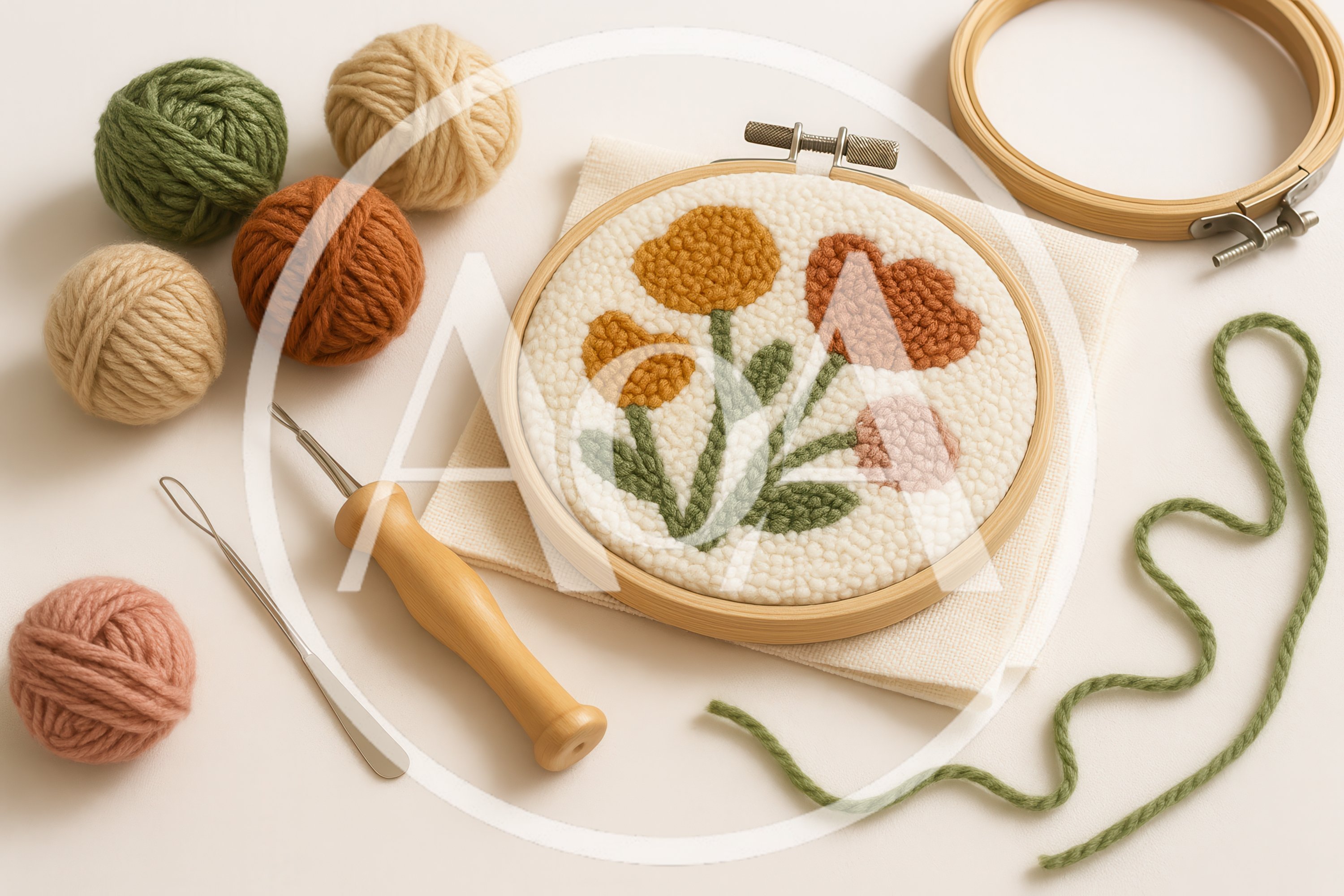 Punch Needle Embroidery Crafting Supplies And Finished Project