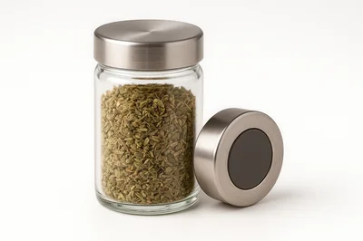 Glass Spice Jar With Dried Herbs And Metal Lid