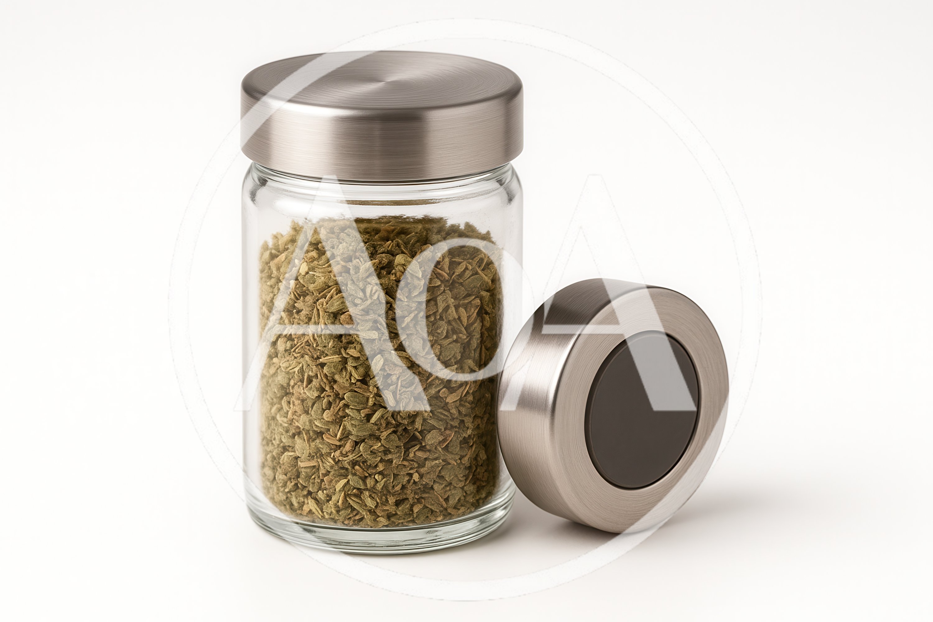 Glass Spice Jar With Dried Herbs And Metal Lid