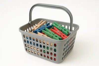 Grey Plastic Basket Filled With Colorful Wooden Clothespins