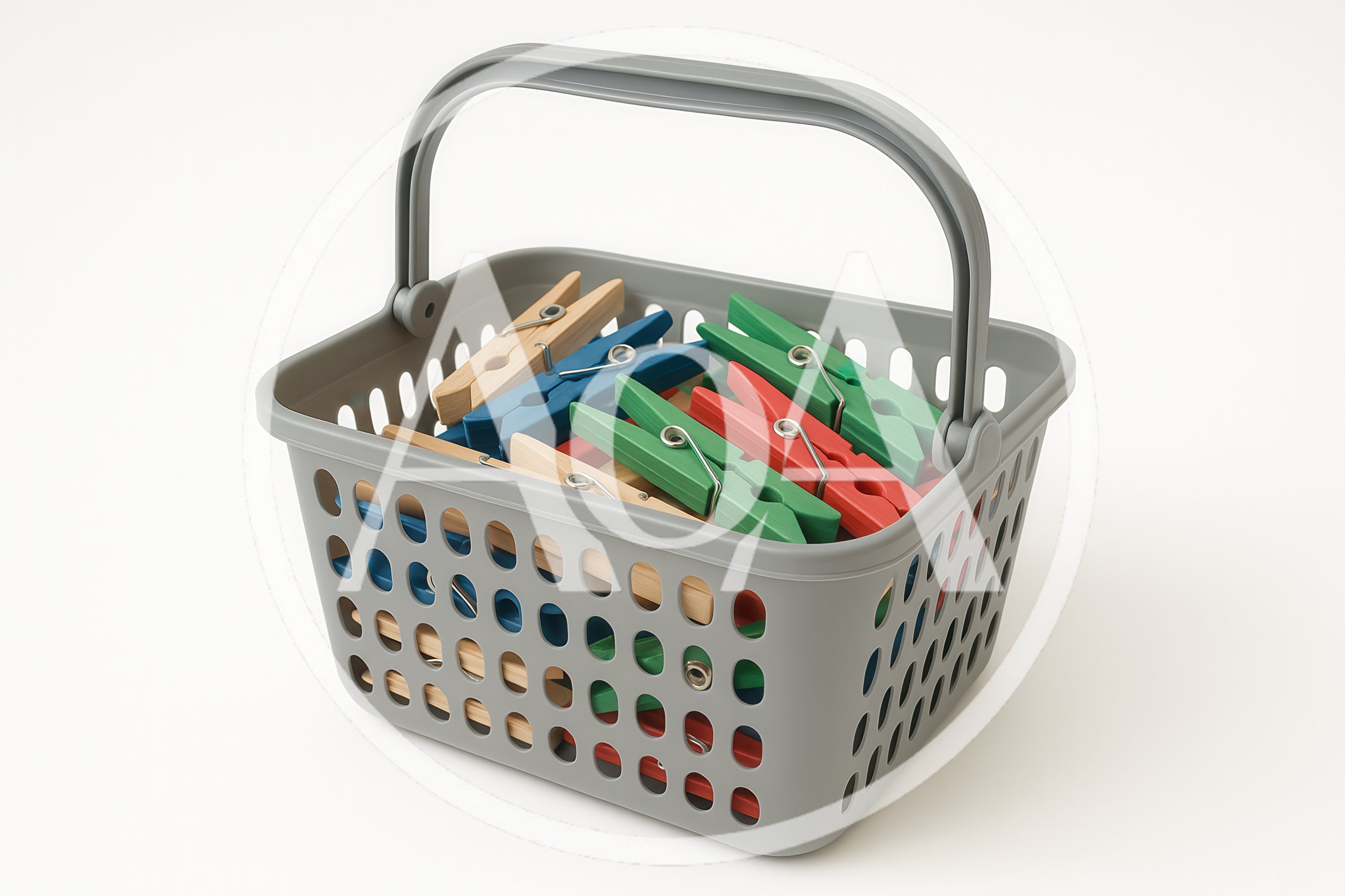 Grey Plastic Basket Filled With Colorful Wooden Clothespins