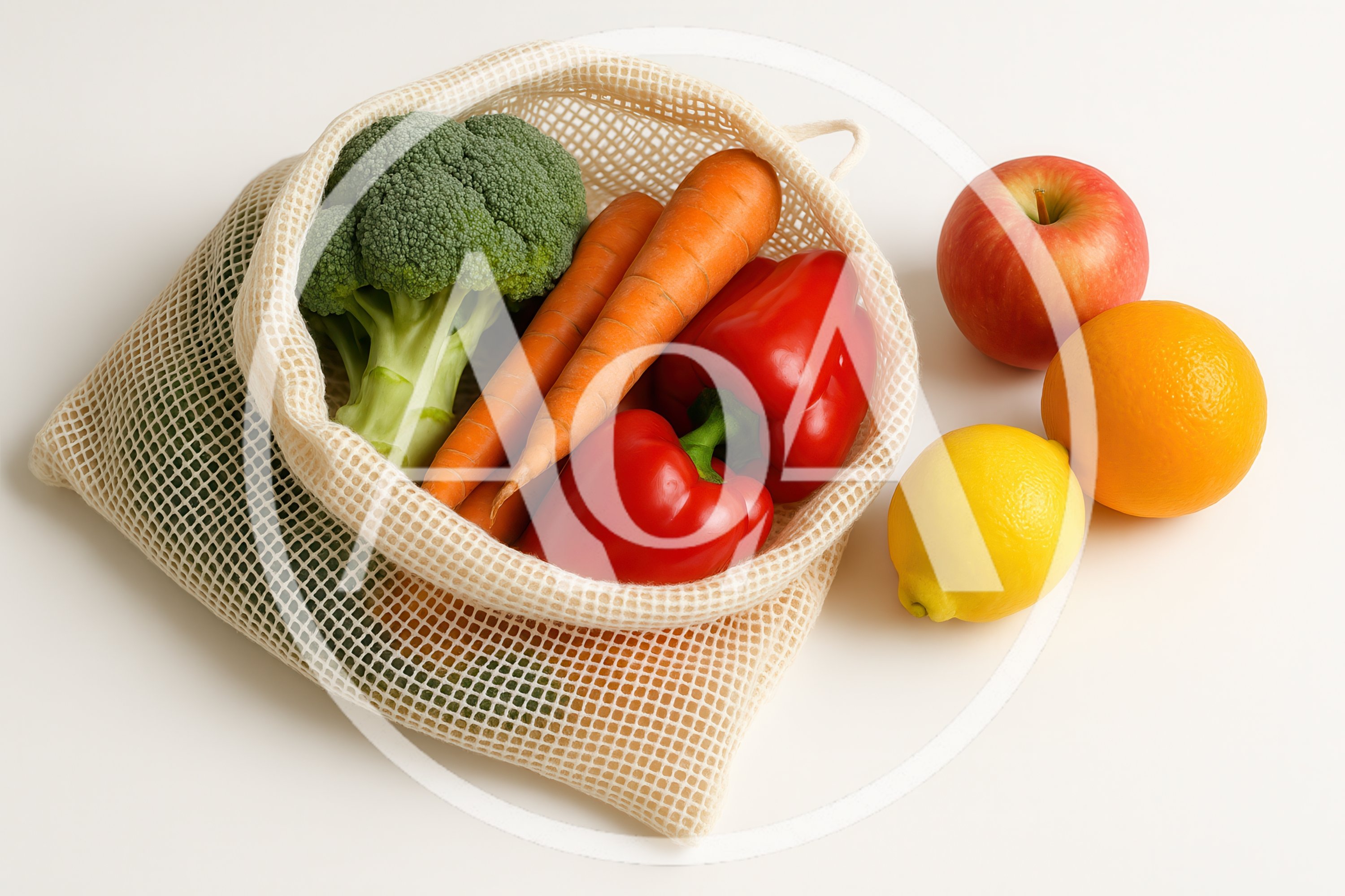 Fresh Vegetables And Fruits In A Reusable Mesh Bag
