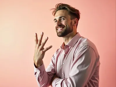 Smiling Man Holding Up Four Fingers