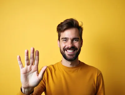 Smiling Man Waving Hand Against Yellow Background