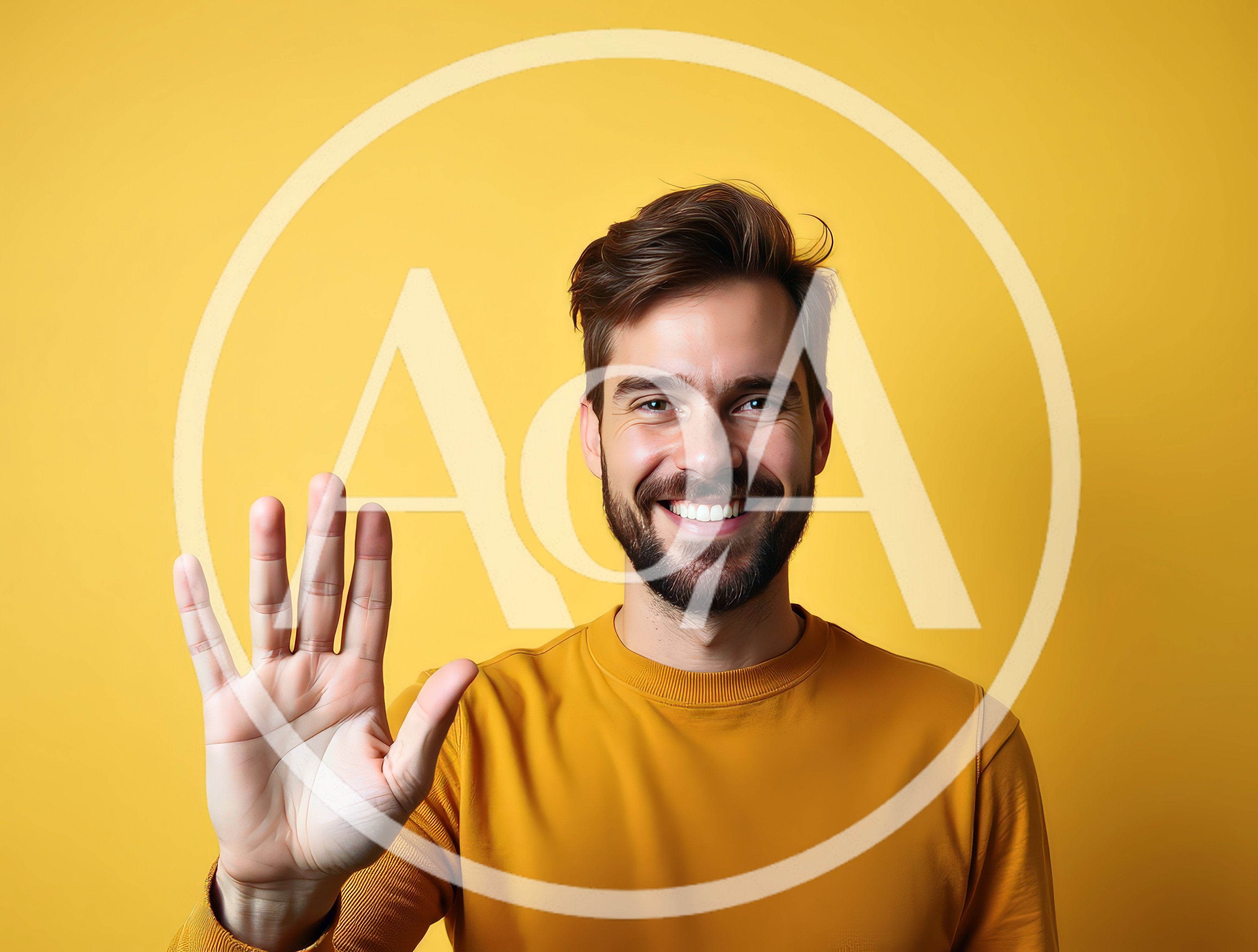Smiling Man Waving Hand Against Yellow Background