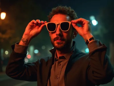 Man Adjusting Sunglasses Under Night Street Lights
