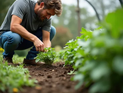 Young Man Tending To Green Plants In A Garden