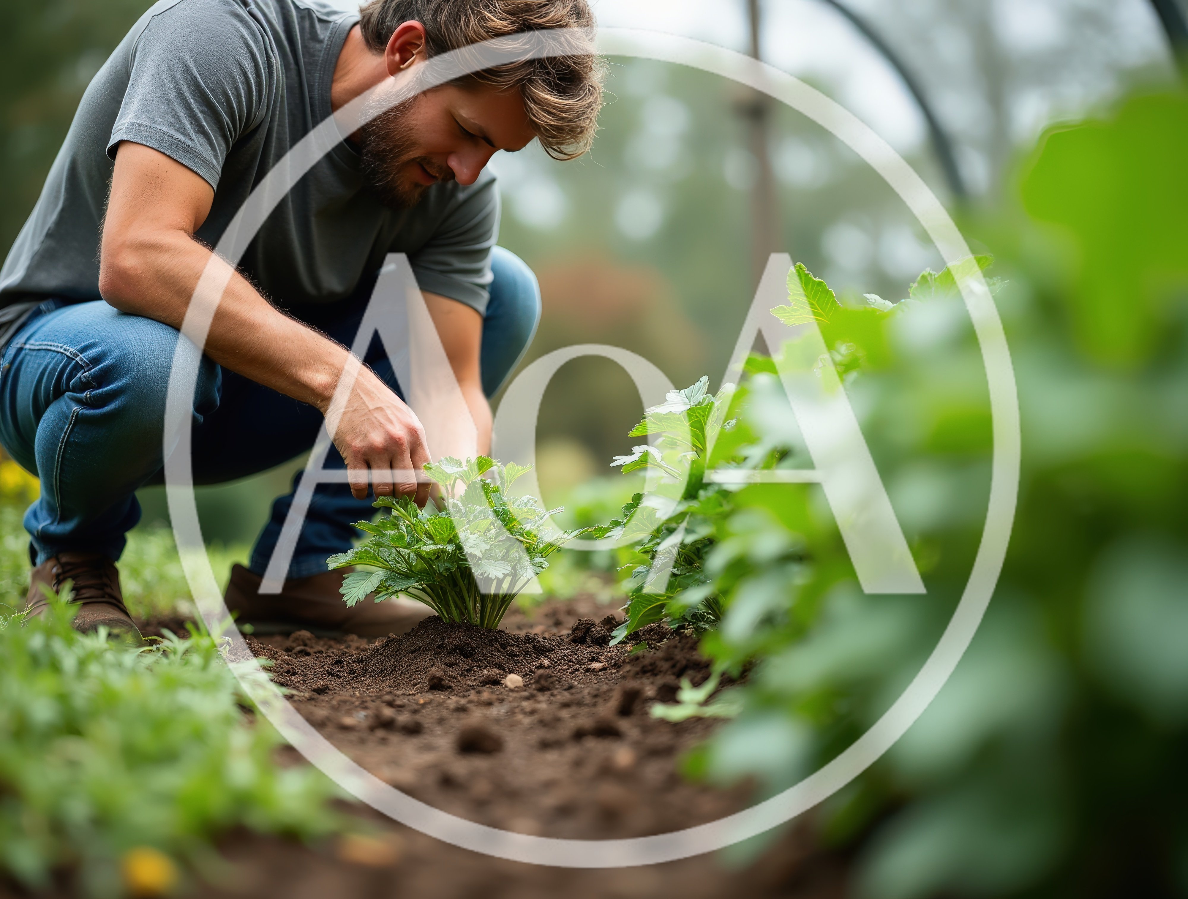Young Man Tending To Green Plants In A Garden