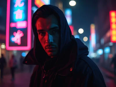 Young Man In Hoodie Standing On Neon City Street