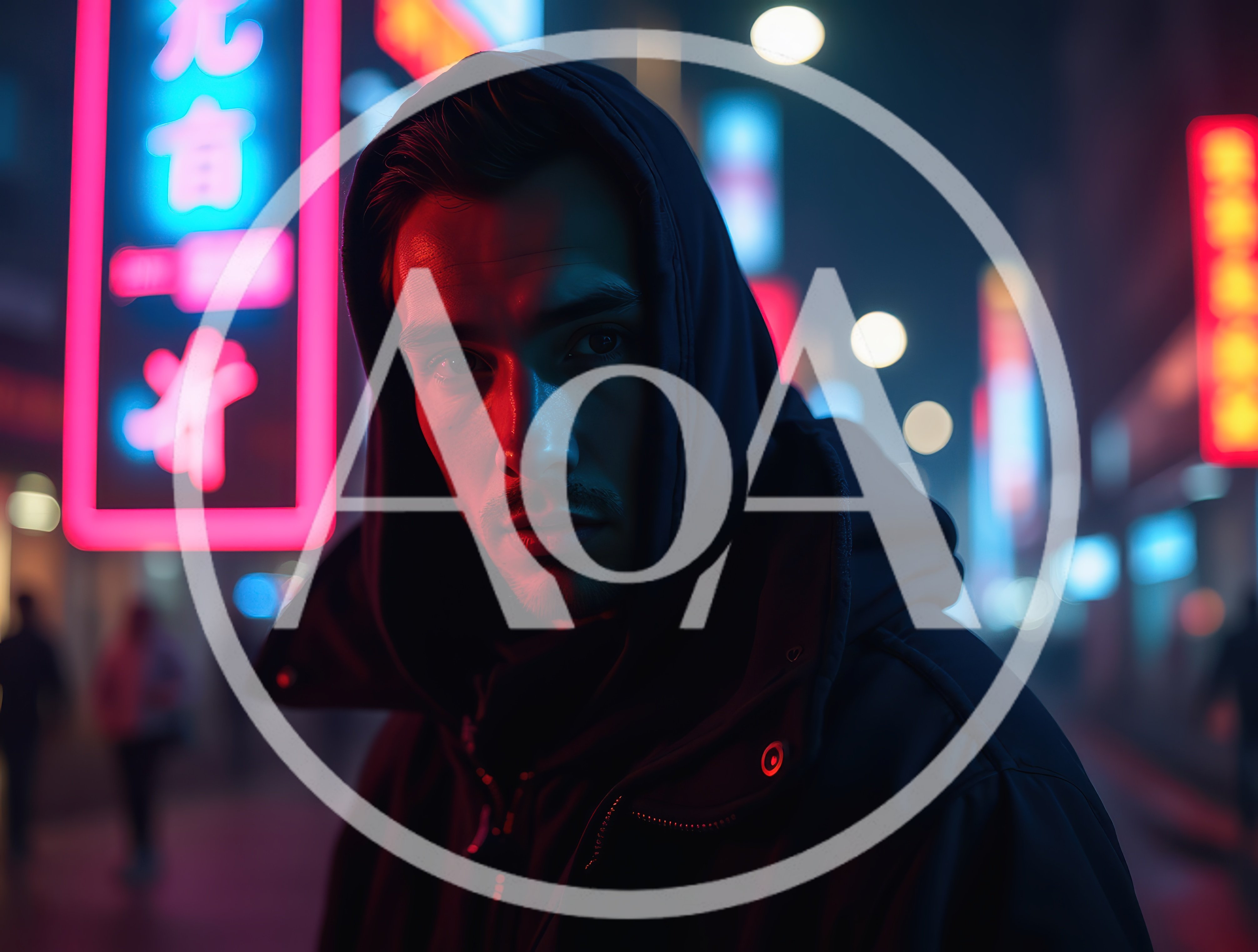 Young Man In Hoodie Standing On Neon City Street