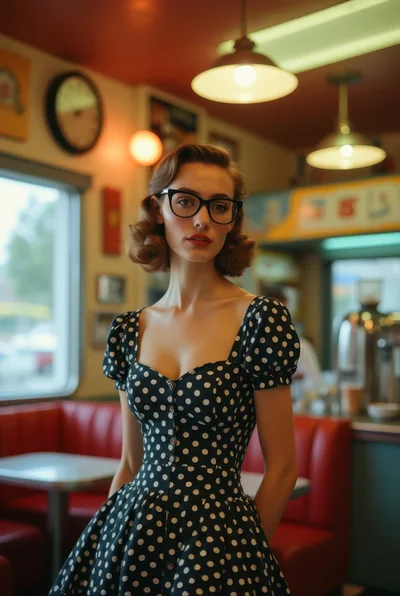 Vintage Style Woman In Polka Dot Dress At Diner