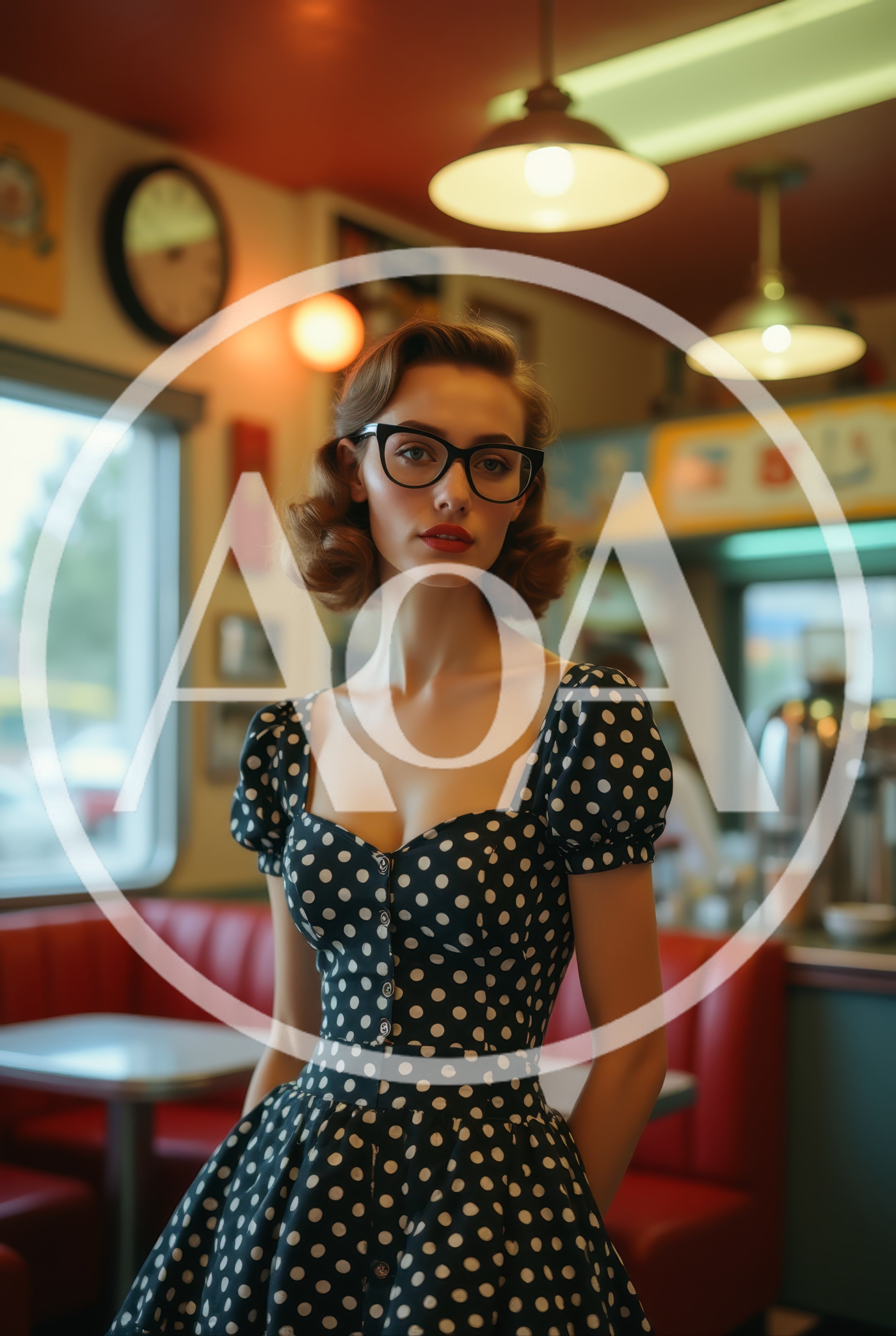 Vintage Style Woman In Polka Dot Dress At Diner