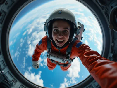 Astronaut Taking Selfie Floating Outside Space Station