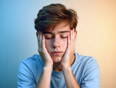 Stressed Young Man Holding Head With Eyes Closed