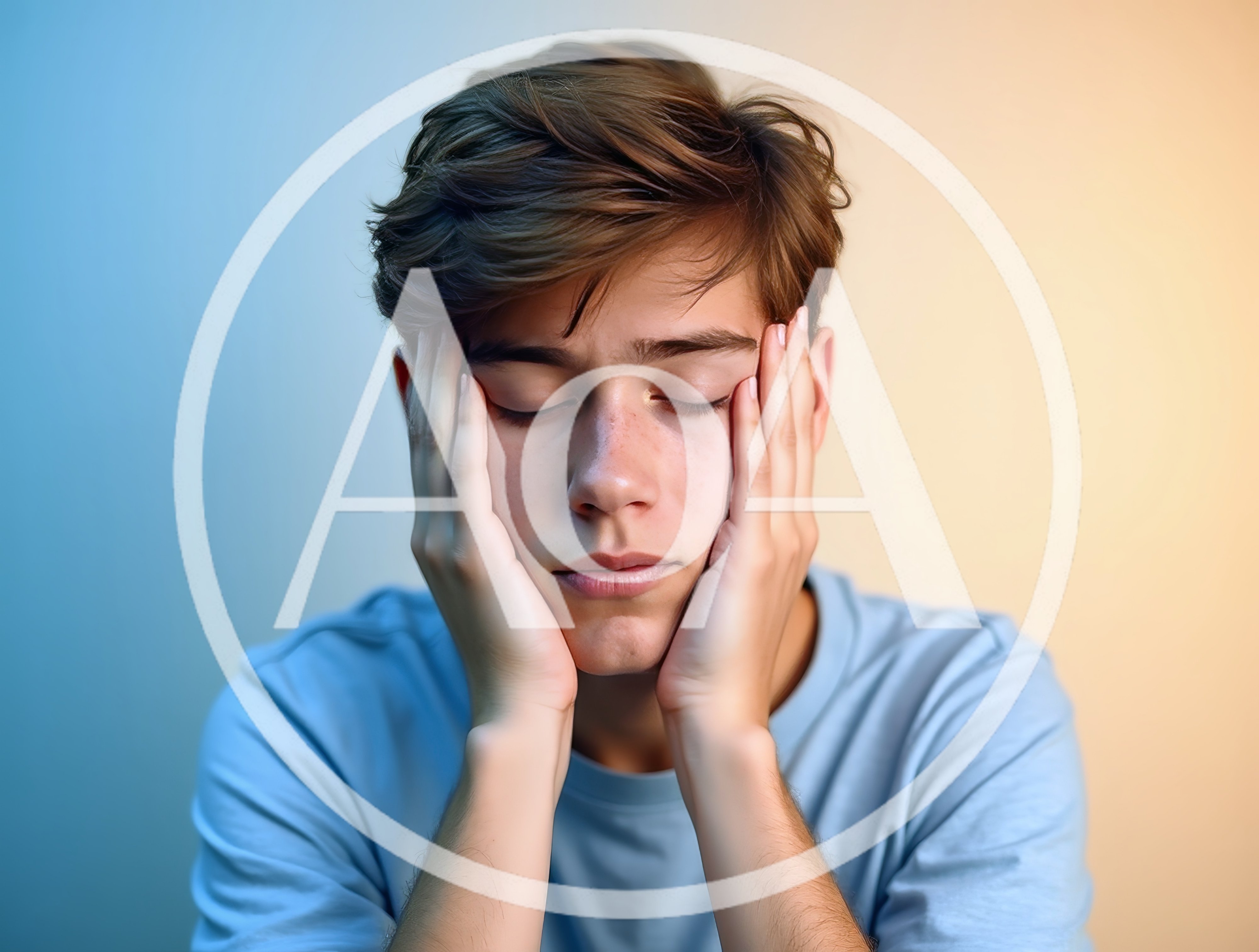 Stressed Young Man Holding Head With Eyes Closed