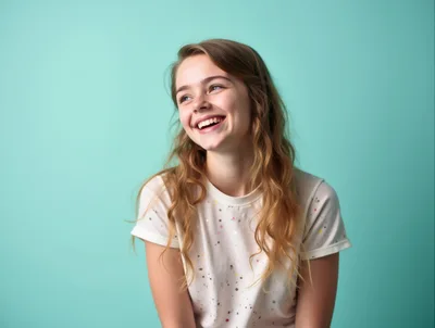 Happy Young Woman Smiling Against Teal Background