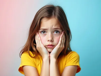 Portrait Of A Sad Young Girl Holding Her Face