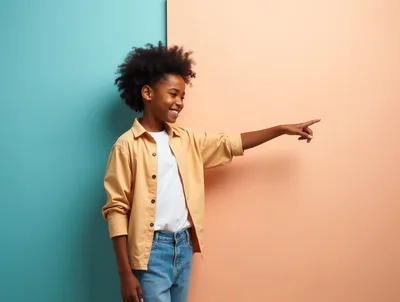Young Boy Pointing To The Side Against Split Background