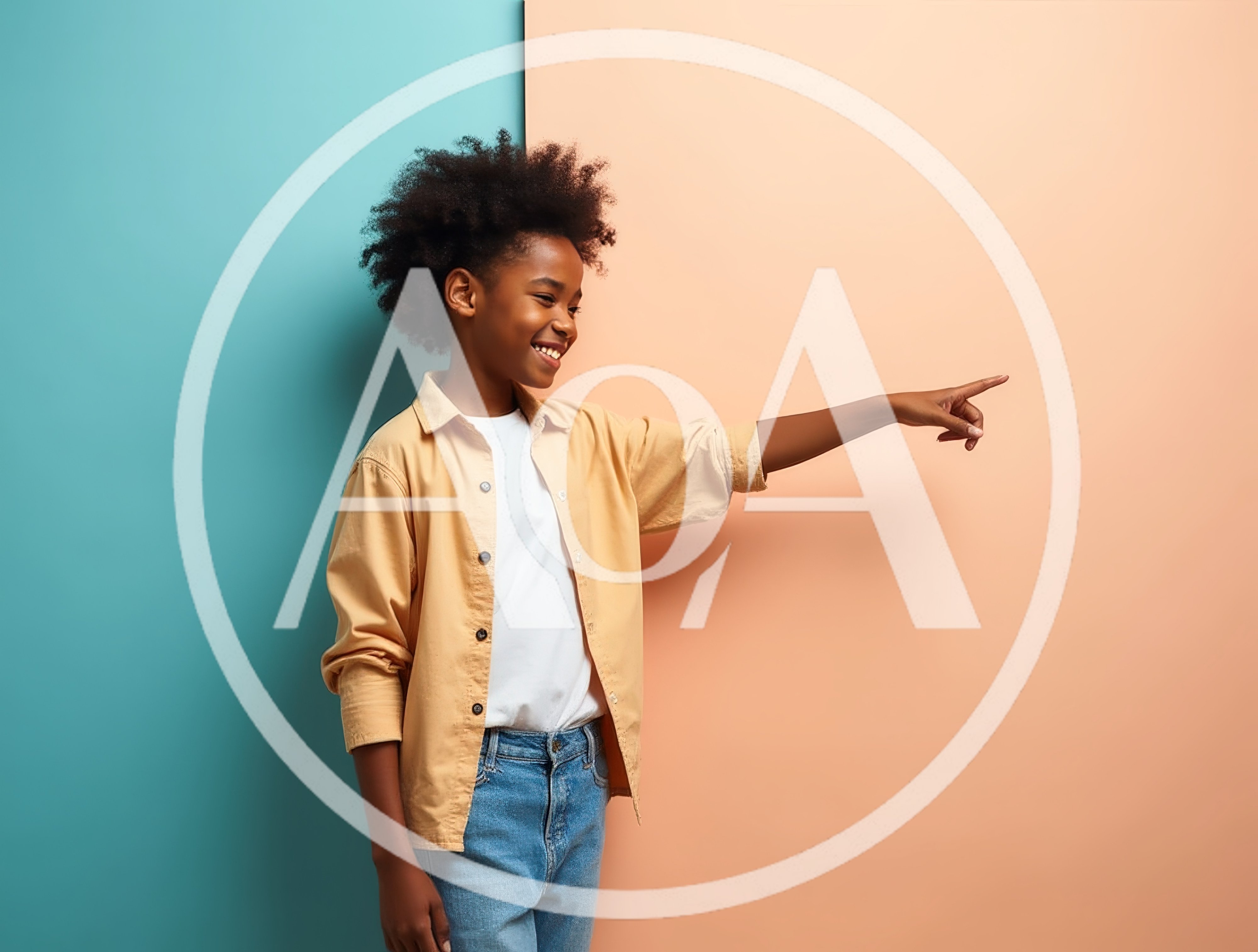 Young Boy Pointing To The Side Against Split Background