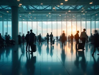 Silhouetted Travelers Walking Through A Modern Airport Terminal