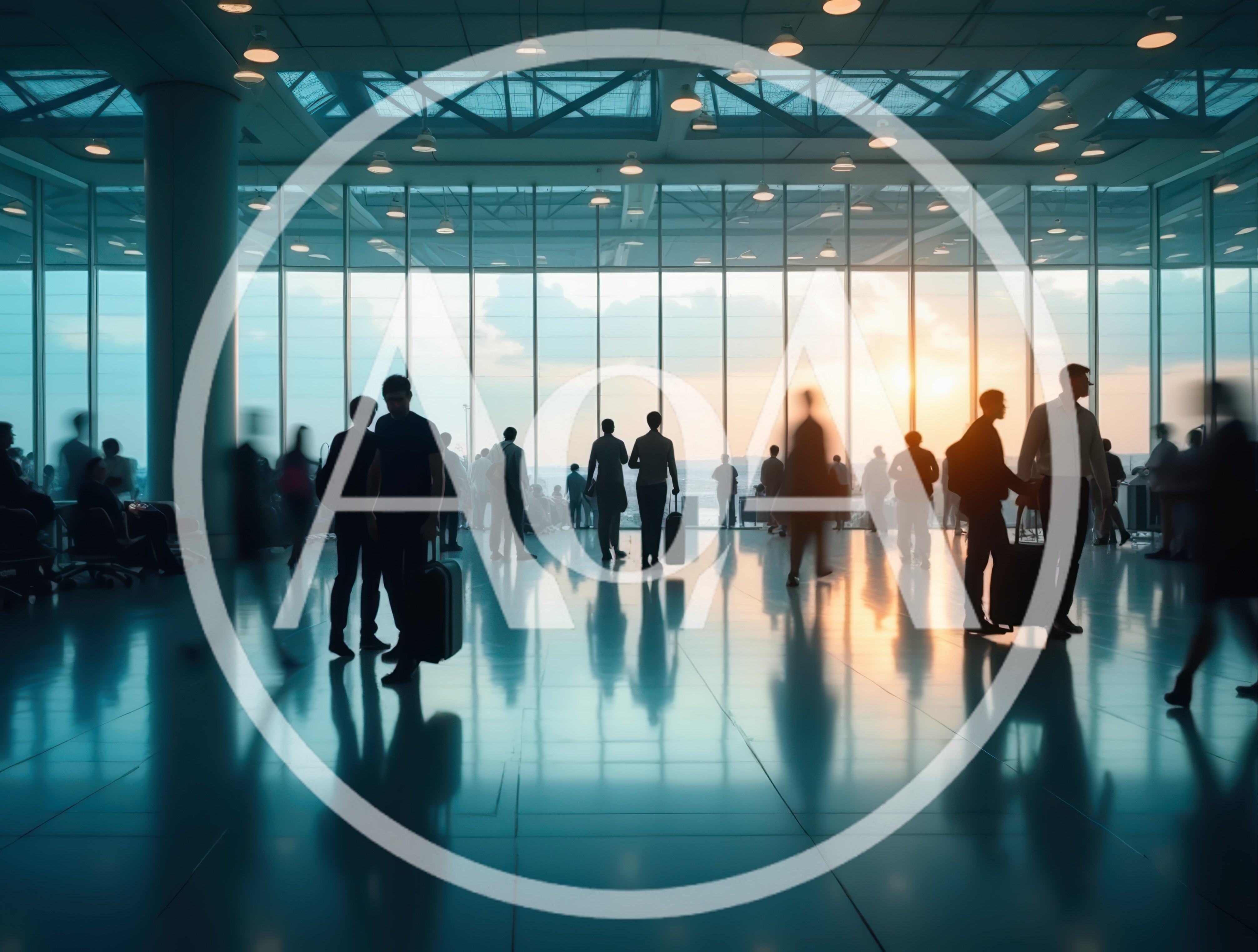 Silhouetted Travelers Walking Through A Modern Airport Terminal