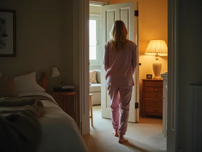 Woman In Pajamas Walking Through Bedroom Doorway