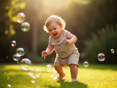 Happy Toddler Playing With Bubbles In A Sunny Garden
