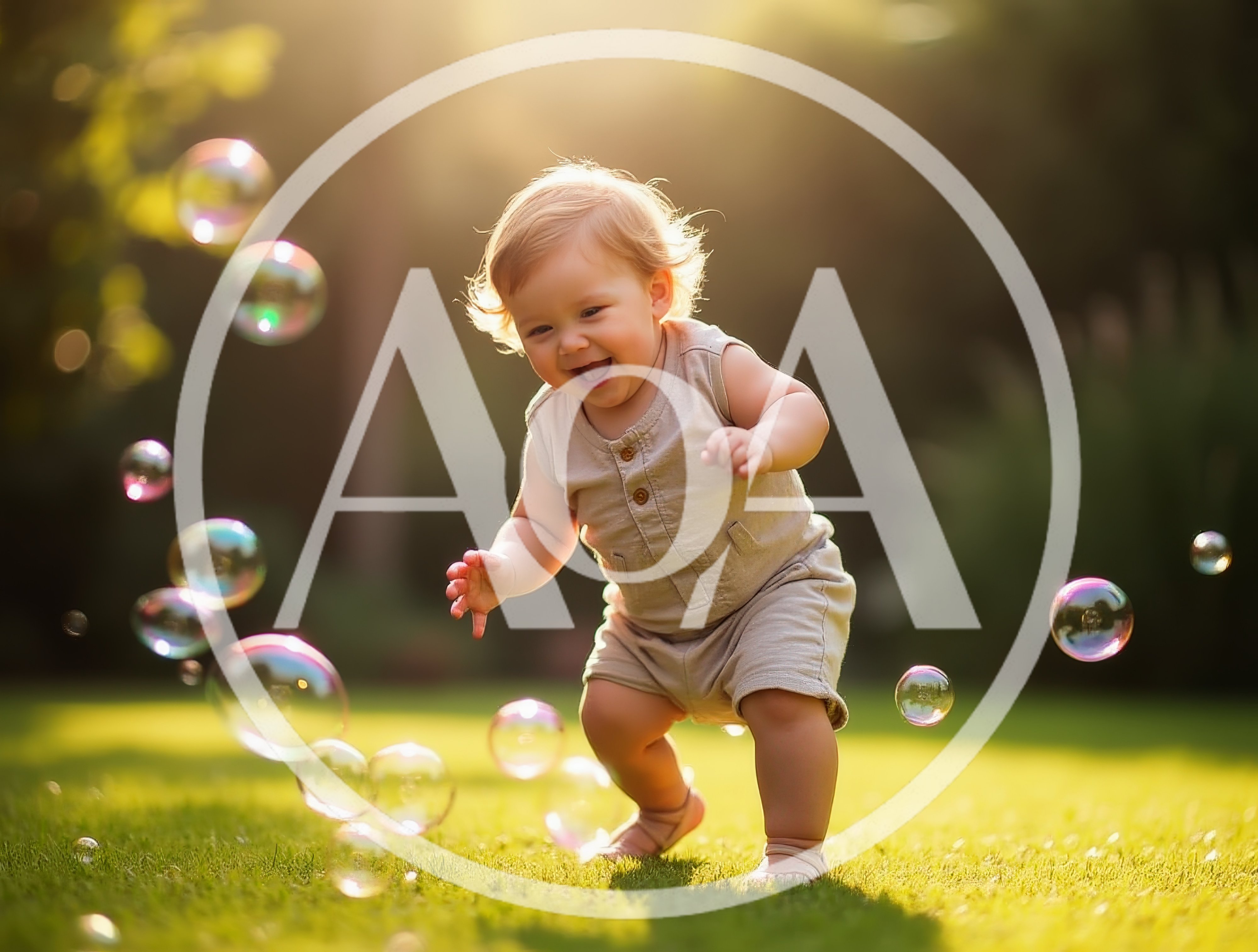 Happy Toddler Playing With Bubbles In A Sunny Garden