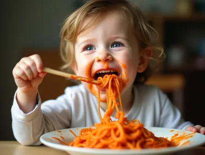 Toddler Eating Spaghetti With Tomato Sauce