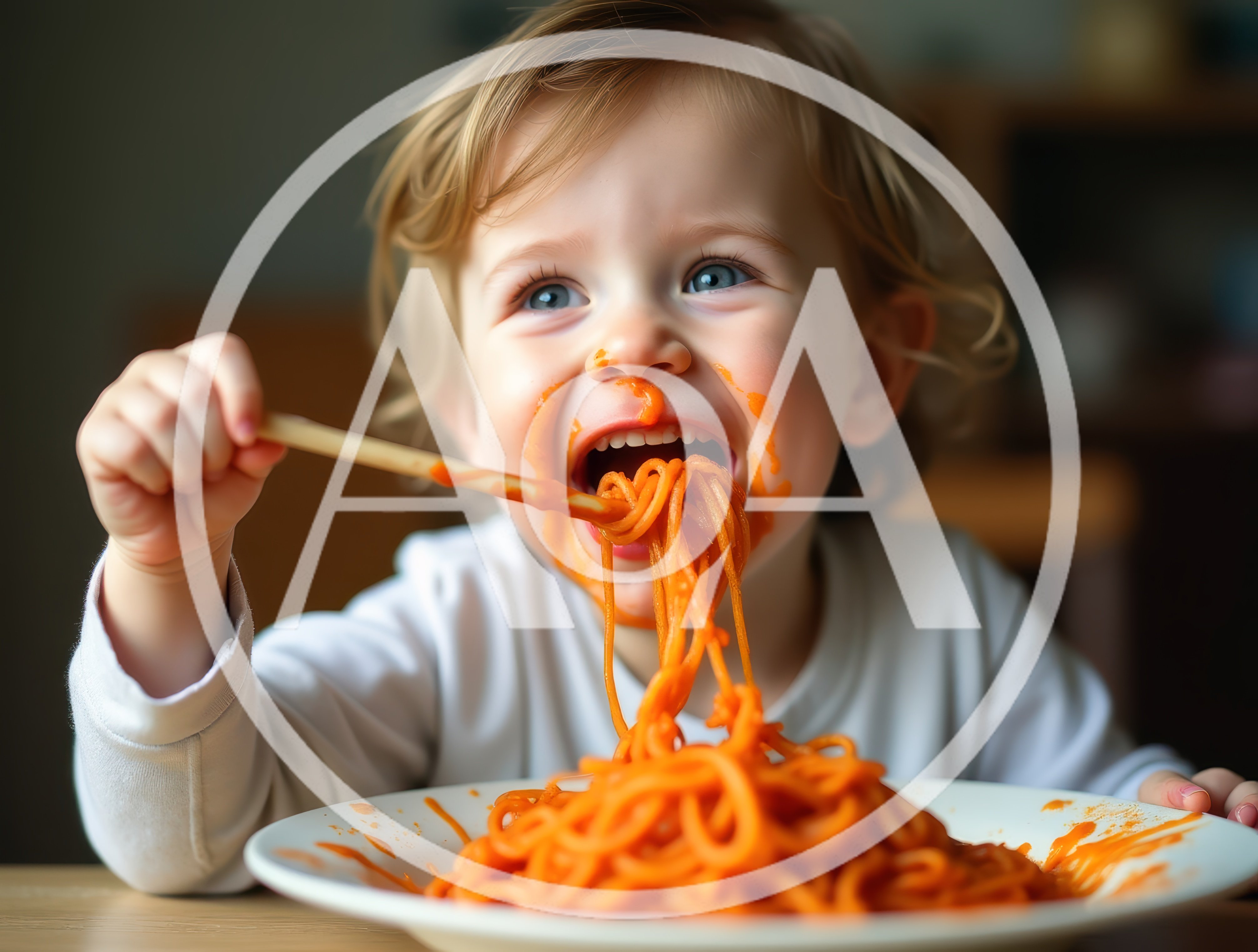 Toddler Eating Spaghetti With Tomato Sauce